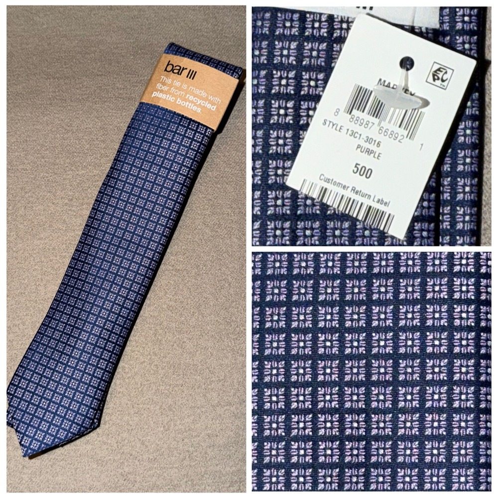 Bar III Mens Skinny Tie Purple‎ Navy Geometric Recycled Fiber 13C1-3016 NEW